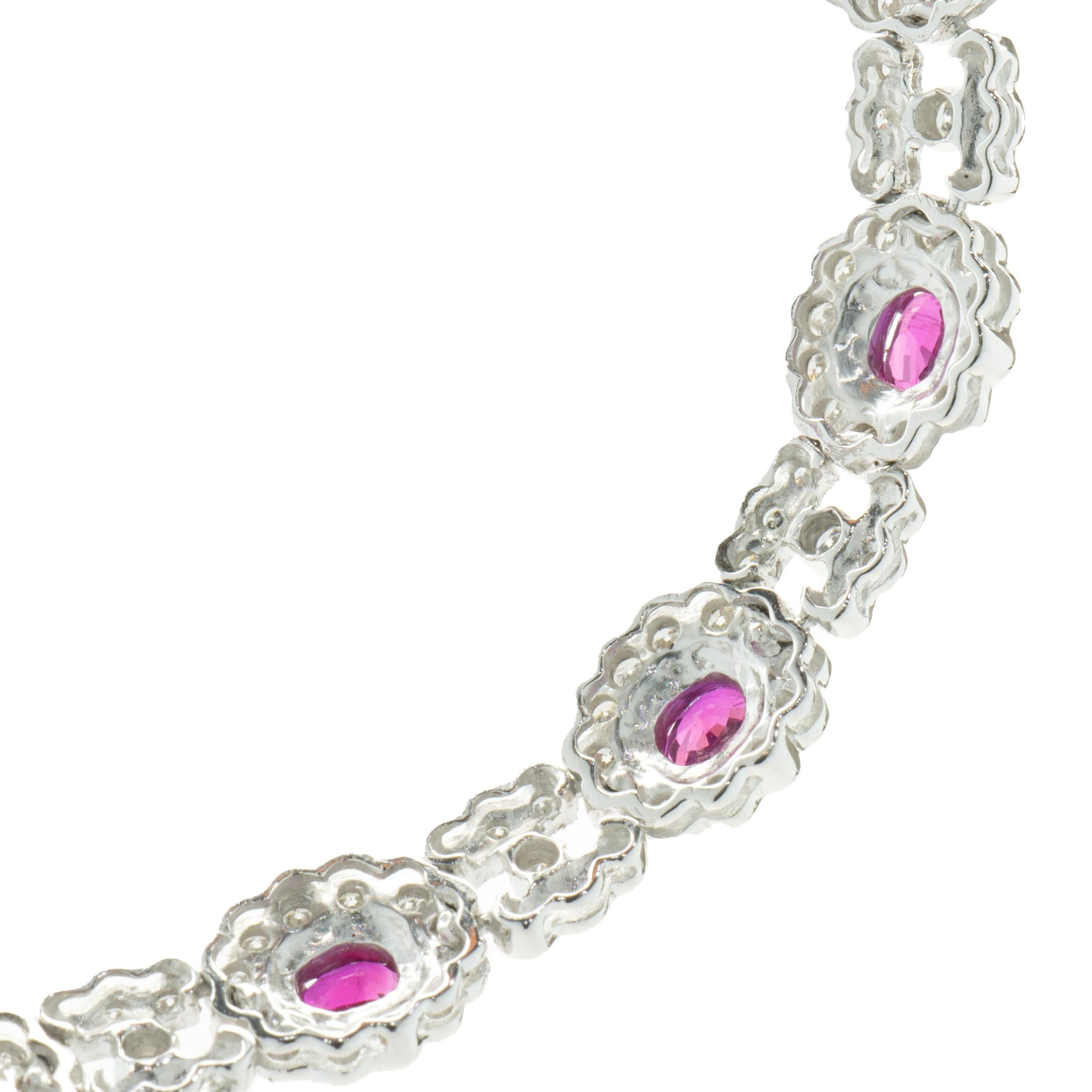 Oval Cut 18 Karat White Gold Ruby and Diamond Halo Collar Necklace For Sale