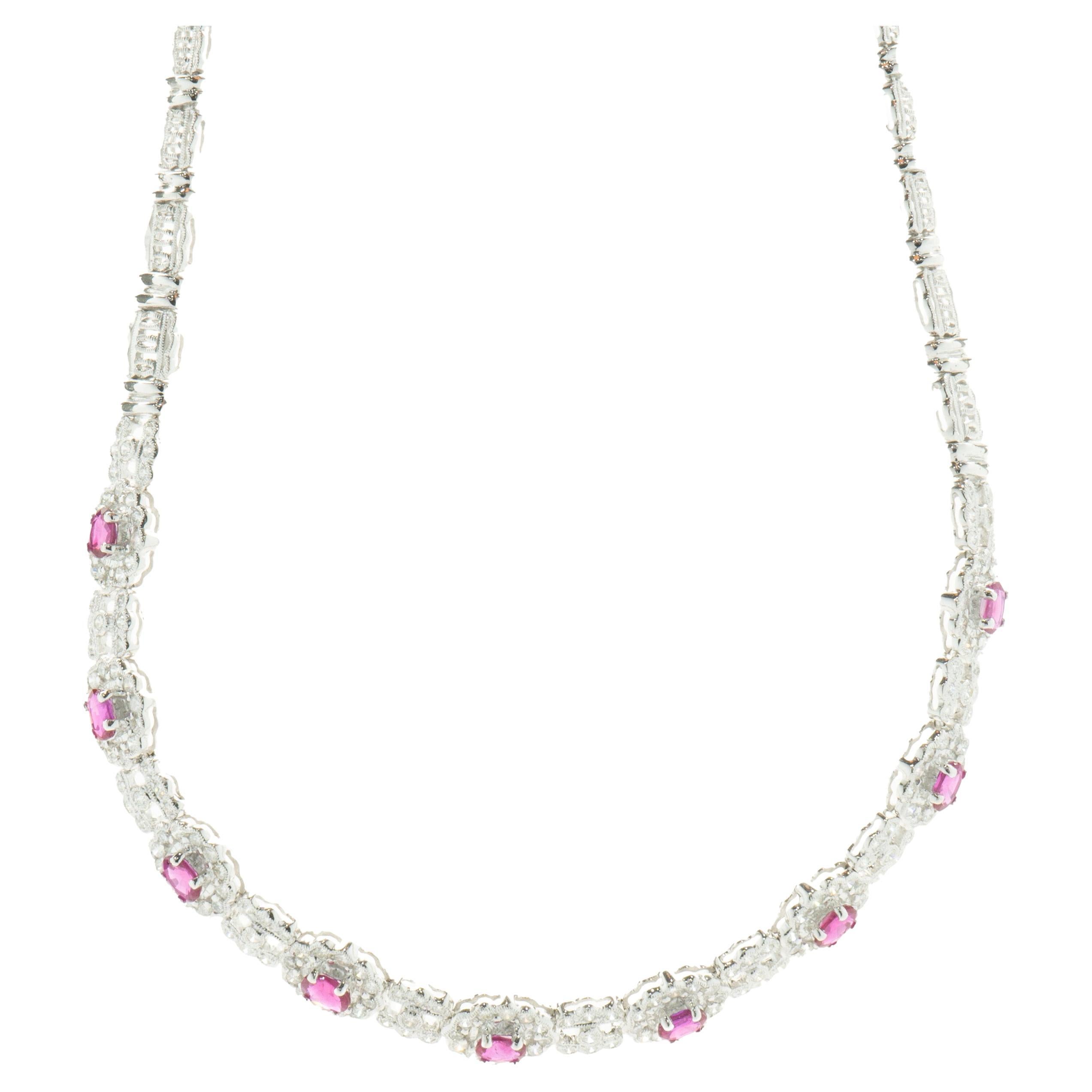 18 Karat White Gold Ruby and Diamond Halo Collar Necklace For Sale