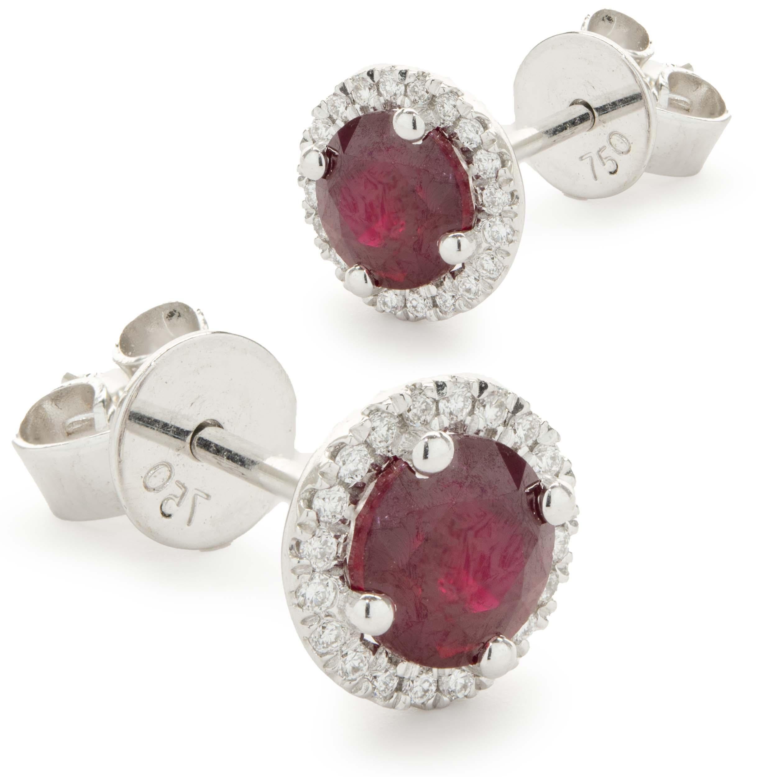 18 Karat White Gold Ruby and Diamond Halo Stud Earrings In Excellent Condition In Scottsdale, AZ