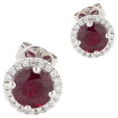 18 Karat White Gold Ruby and Diamond Halo Stud Earrings