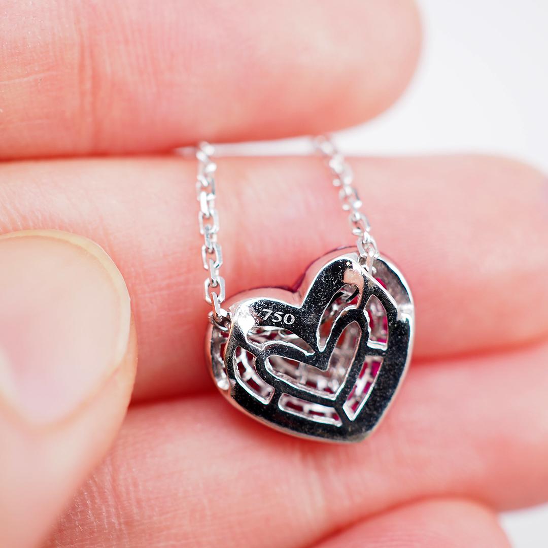 Square Cut 18 Carat White Gold Ruby and Diamond Heart Necklace For Sale