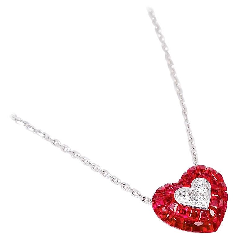 18 Karat White Gold Ruby and Diamond Heart Necklace