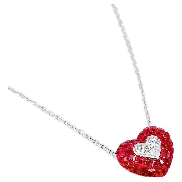 18 Karat White Gold Ruby and Diamond Heart Necklace in Invisible ...