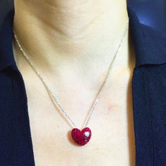 18 Carat White Gold Ruby and Diamond Heart Necklace in Invisible Setting