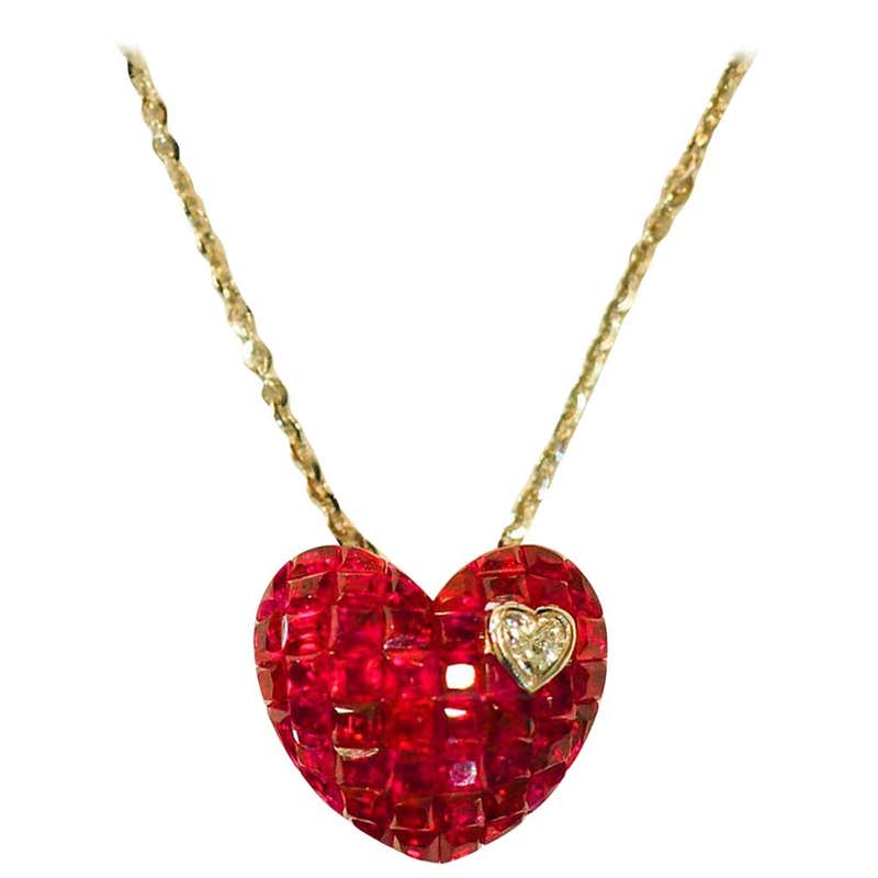 18 Karat Rose Gold Ruby and Diamond Heart Pendant in Invisible Setting ...