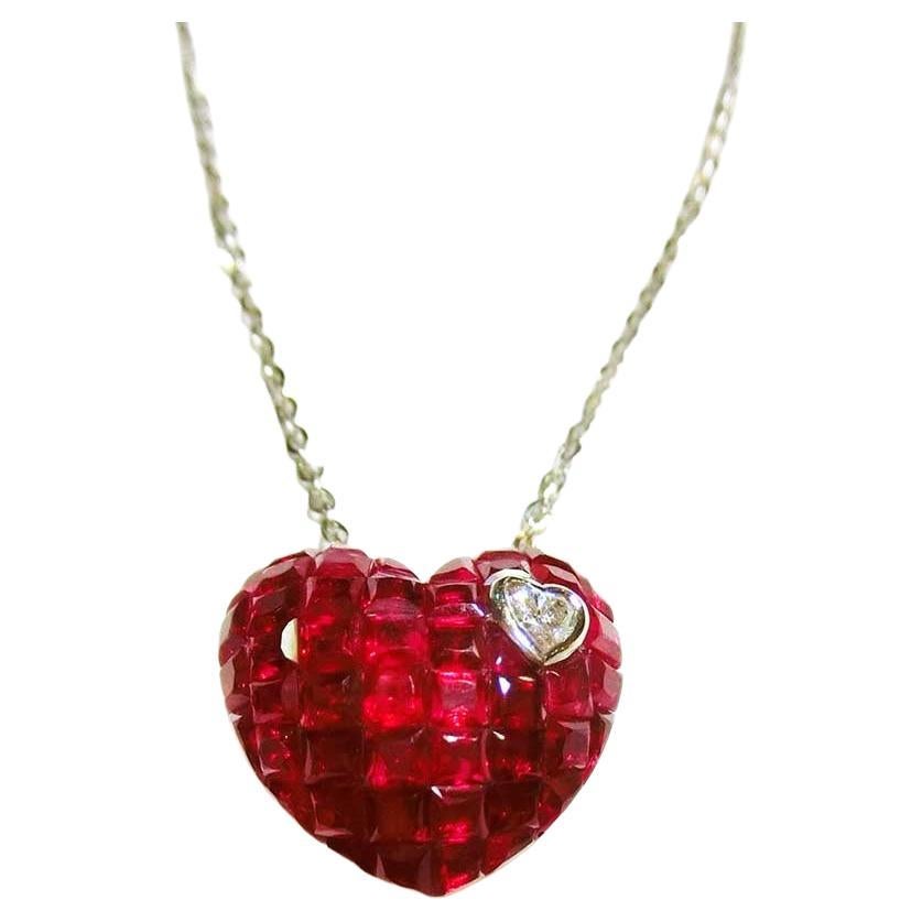 18 Karat White Gold Ruby and Diamond Heart Necklace in Invisible Setting For Sale