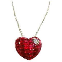 18 Karat White Gold Ruby and Diamond Heart Necklace in Invisible Setting