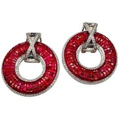 18 Karat White Gold Ruby and Diamond Invisible Hoop Earrings