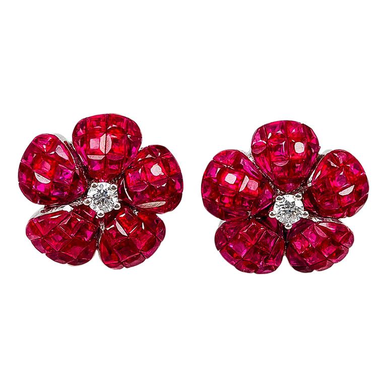 18 Karat White Gold Ruby and Diamond Invisible Stud Earrings