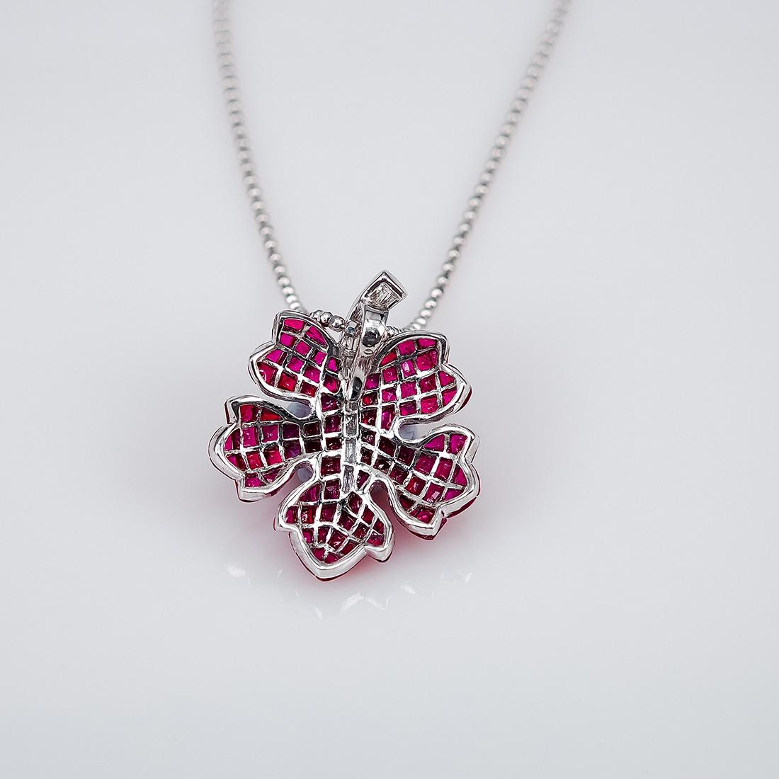 Modern 18 Karat White Gold Ruby and Diamond Maple Pendant For Sale