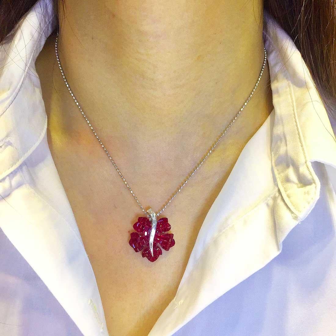 Women's 18 Karat White Gold Ruby and Diamond Maple Pendant For Sale