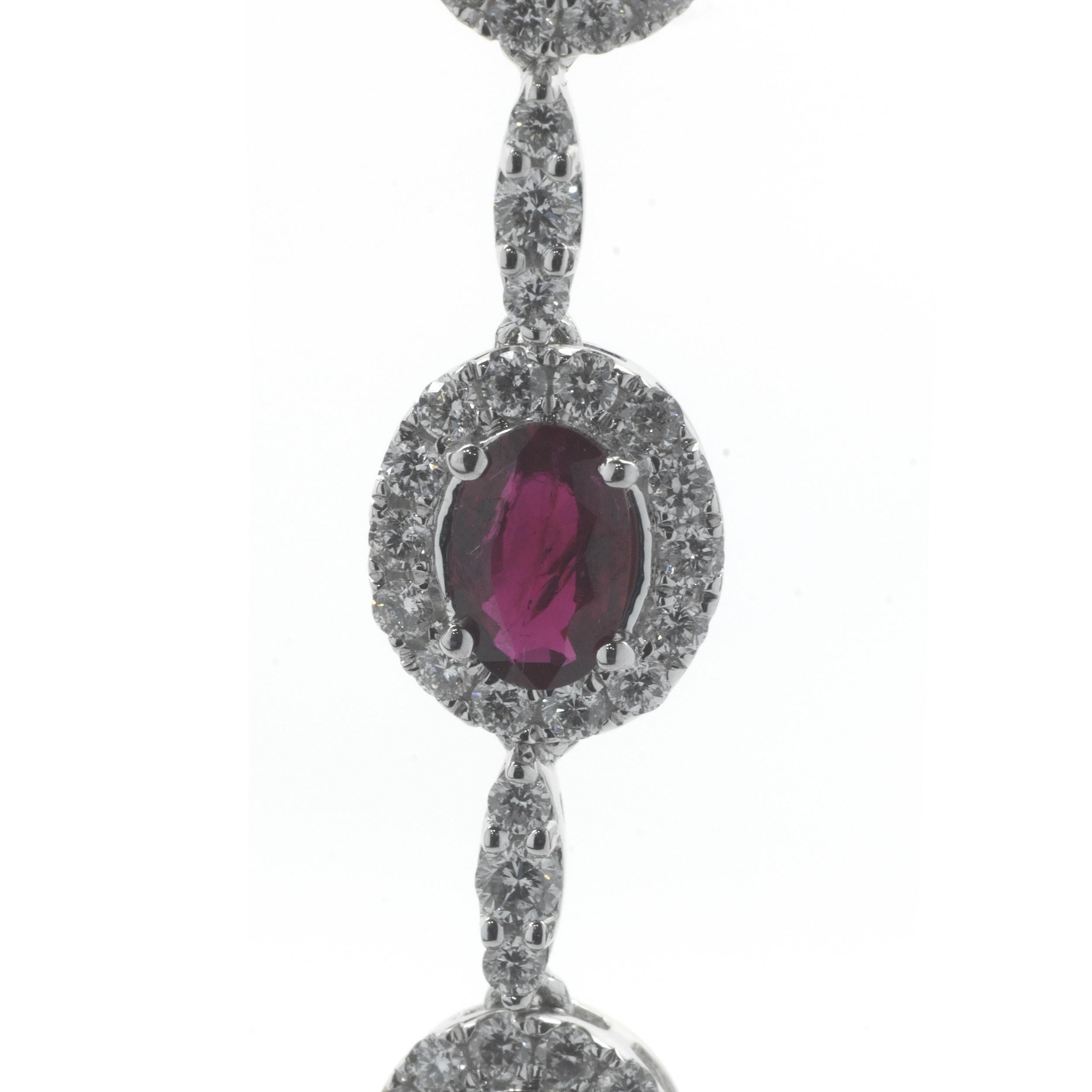Oval Cut 18 Karat White Gold Ruby and Diamond Necklace For Sale