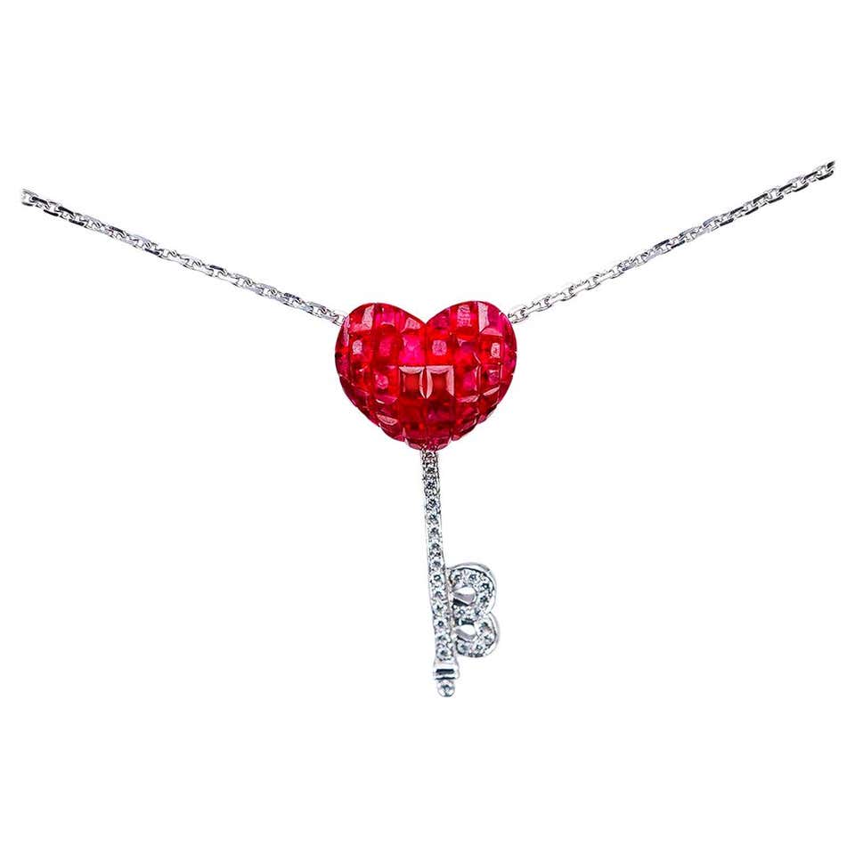 18 Karat White Gold Ruby and Diamond Heart Pendant in Invisible Setting ...