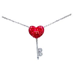 18 Karat White Gold Ruby and Diamond Pendant Necklace Heart Key