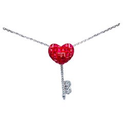 18 Karat White Gold Ruby and Diamond Pendant Necklace Heart Key