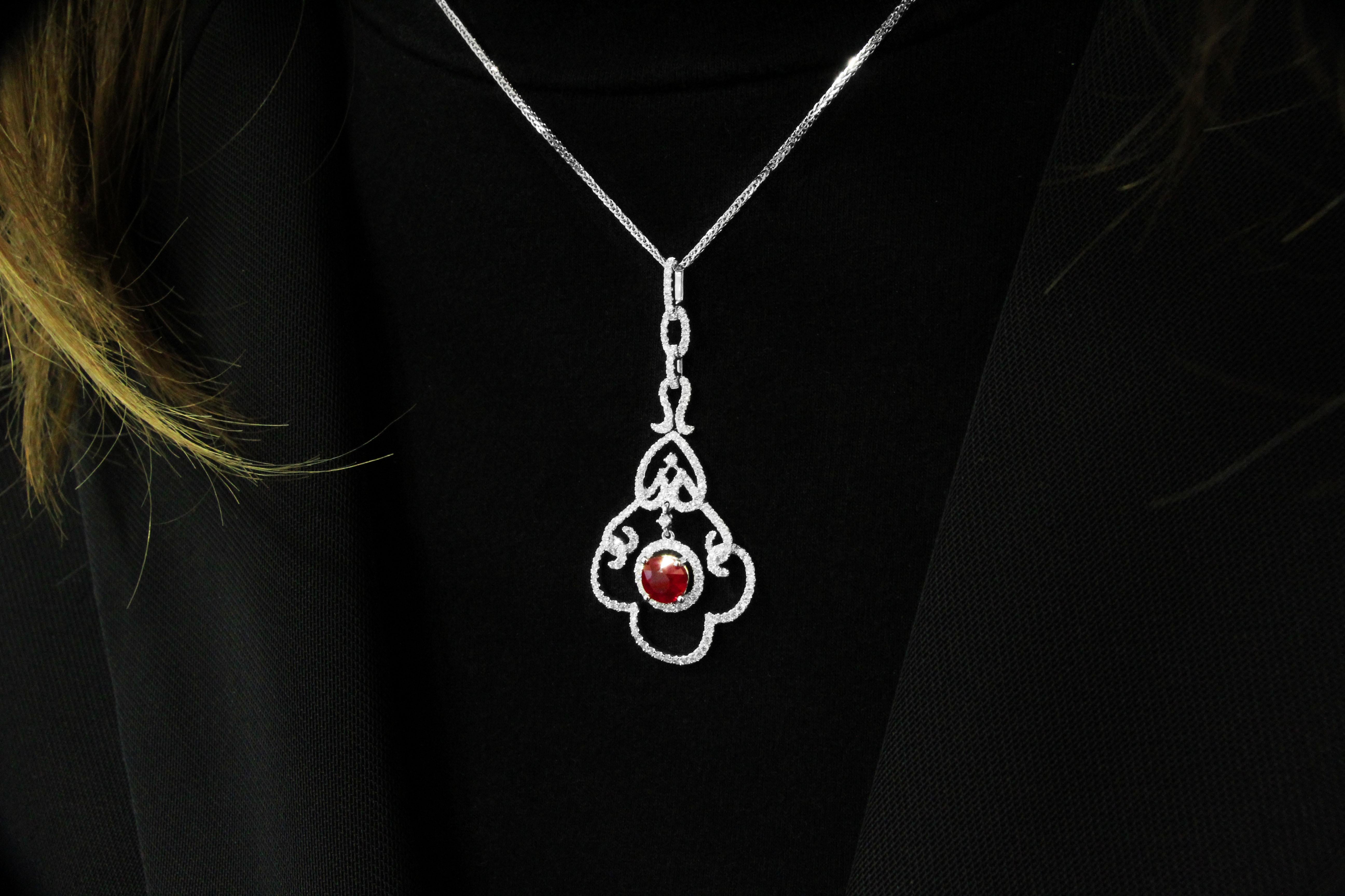 Contemporary 18 Karat White Gold Ruby and Diamond Pendant with Necklace For Sale