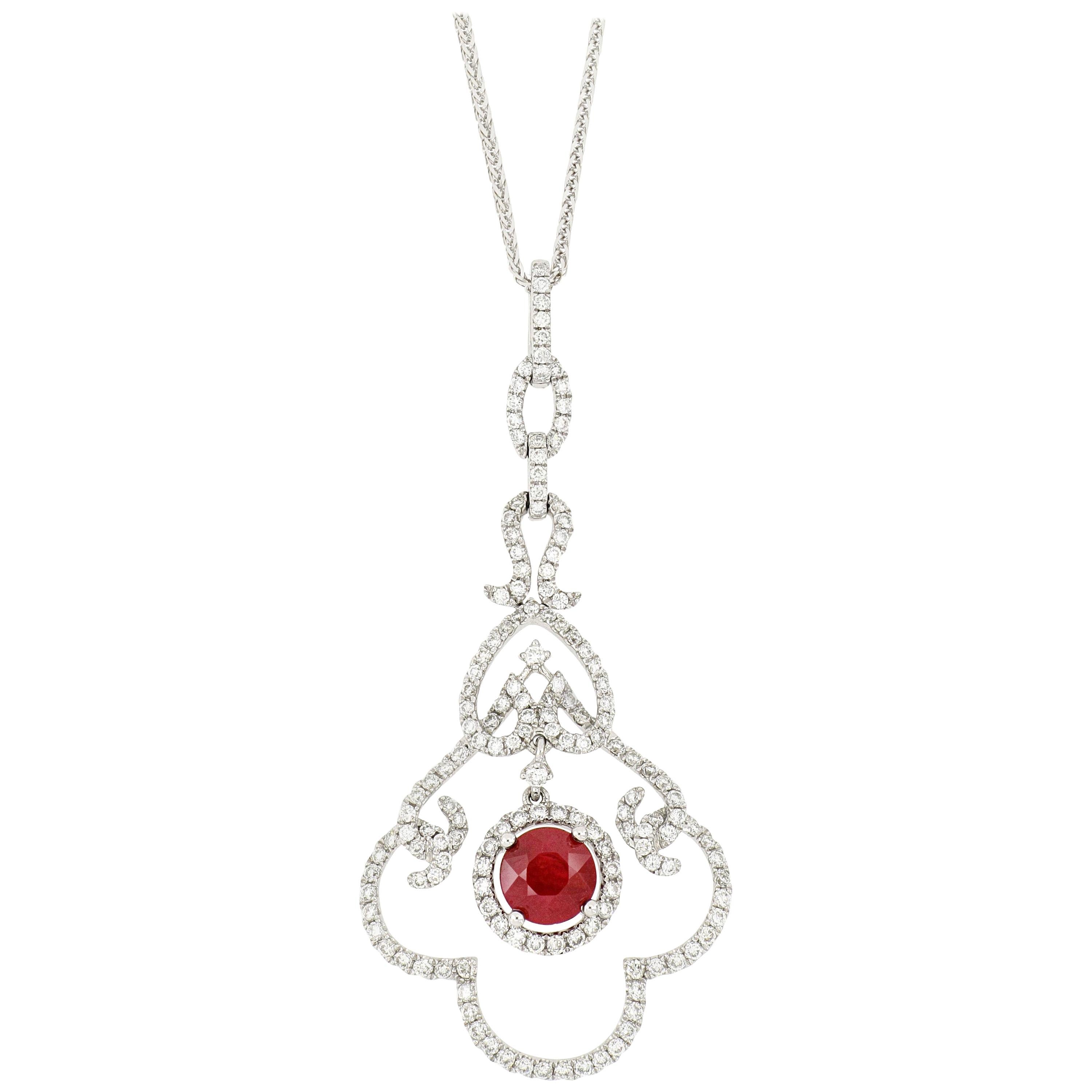 18 Karat White Gold Ruby and Diamond Pendant with Necklace For Sale