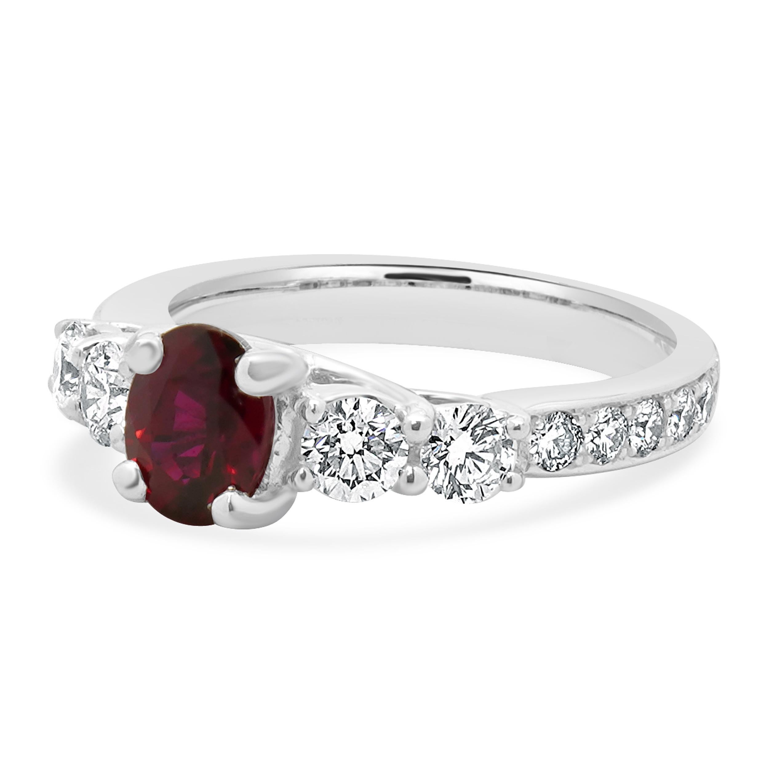 Material: 18K white gold
Ruby: 1 oval cut = 1.17ct
GIA CERTIFIED
Diamond: 16 round and baguette cut = 1.17cttw
Color: H
Clarity: SI1-2
Ring Size: 6.75 (please allow up to 2 additional business days for sizing requests)
Dimensions: ring top measures