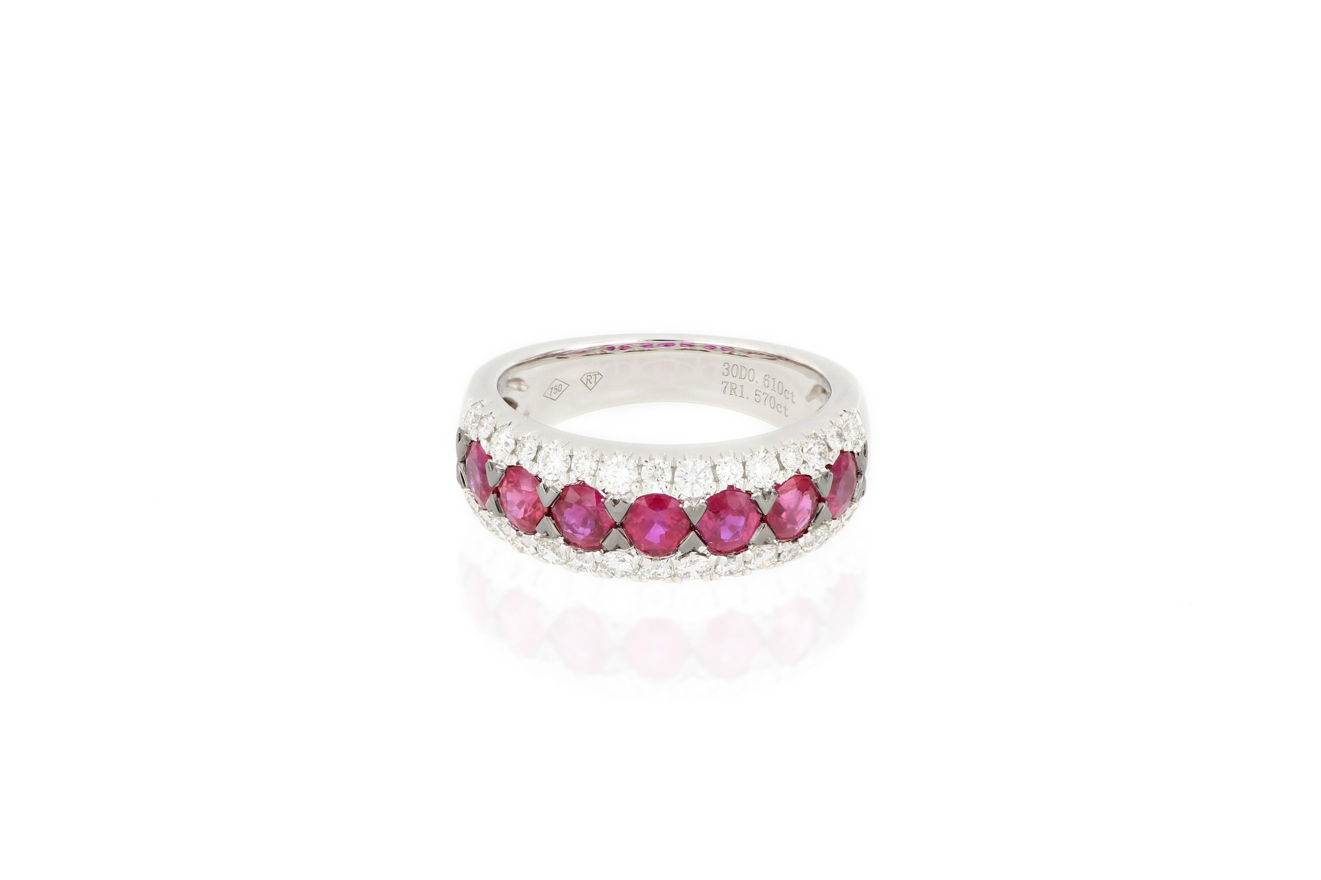 Contemporary 18 Karat White Gold Ruby and Diamond Ring For Sale