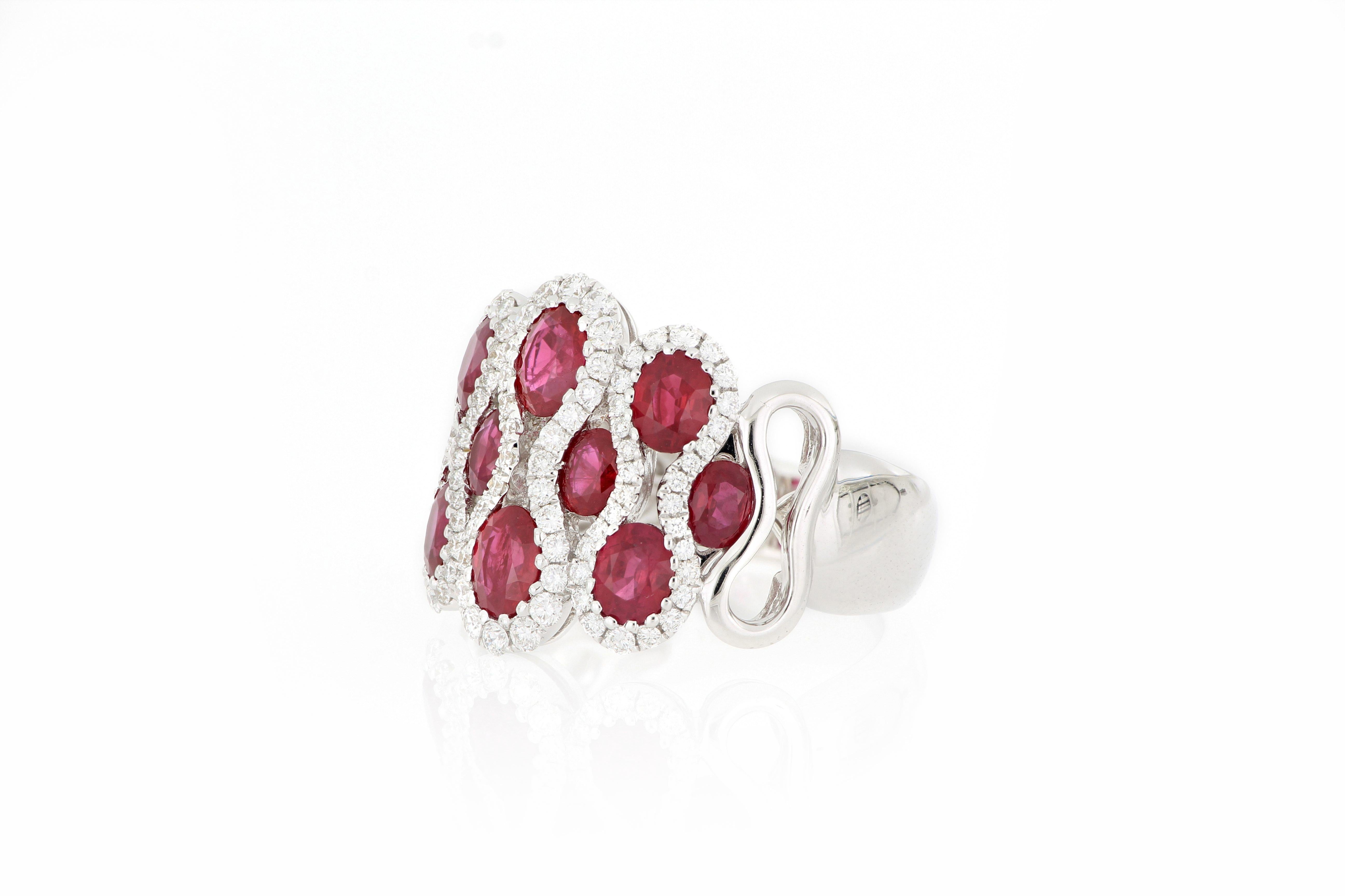 Brilliant Cut 18 Karat White Gold Ruby and Diamond Ring For Sale