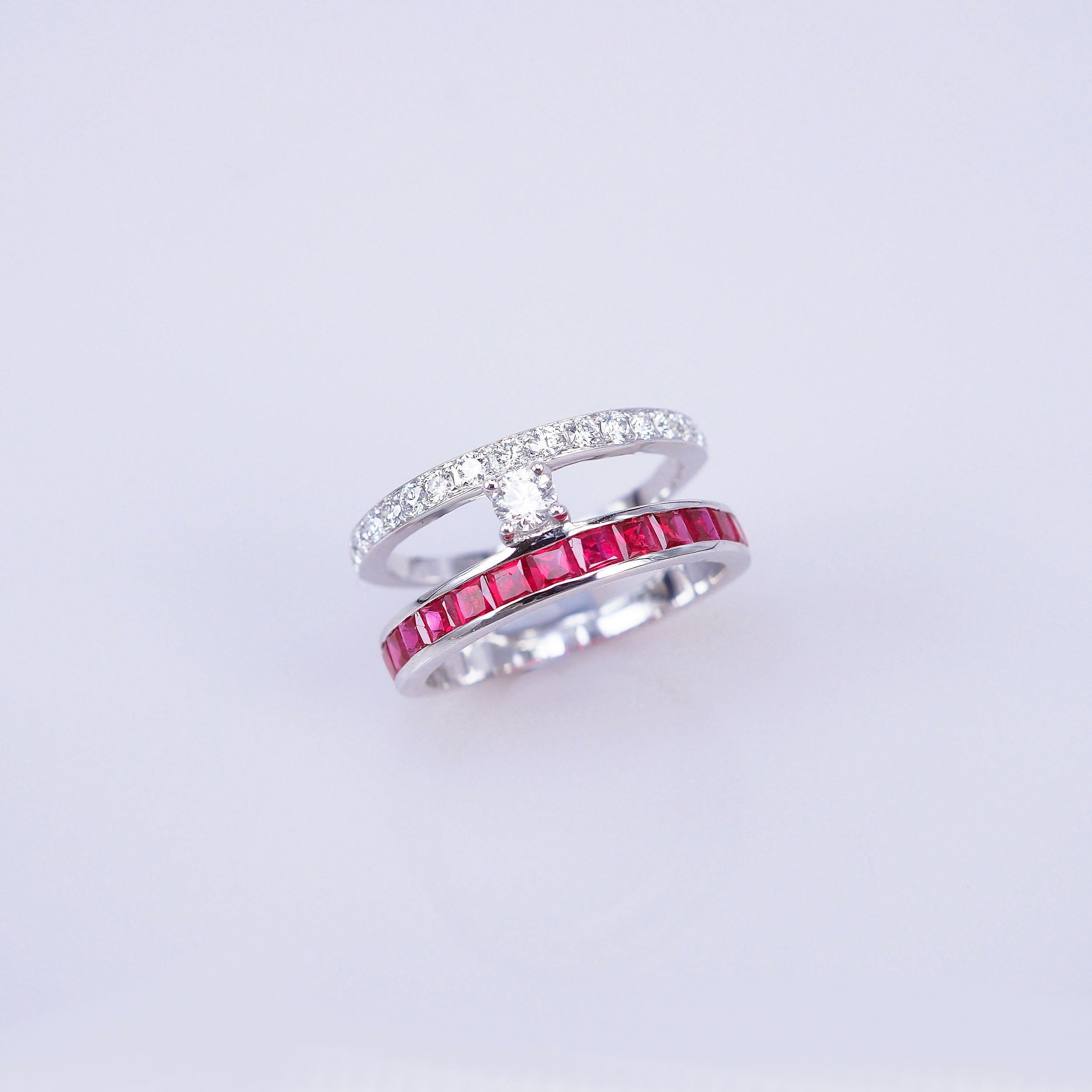 Modern 18 Karat White Gold Ruby and Diamond Ruby Row Ring For Sale