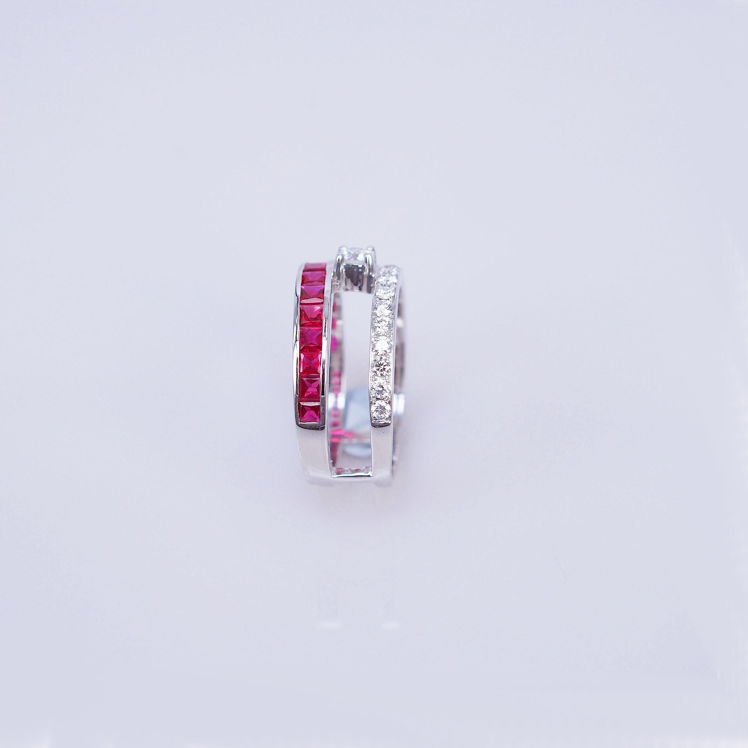 Square Cut 18 Karat White Gold Ruby and Diamond Ruby Row Ring For Sale