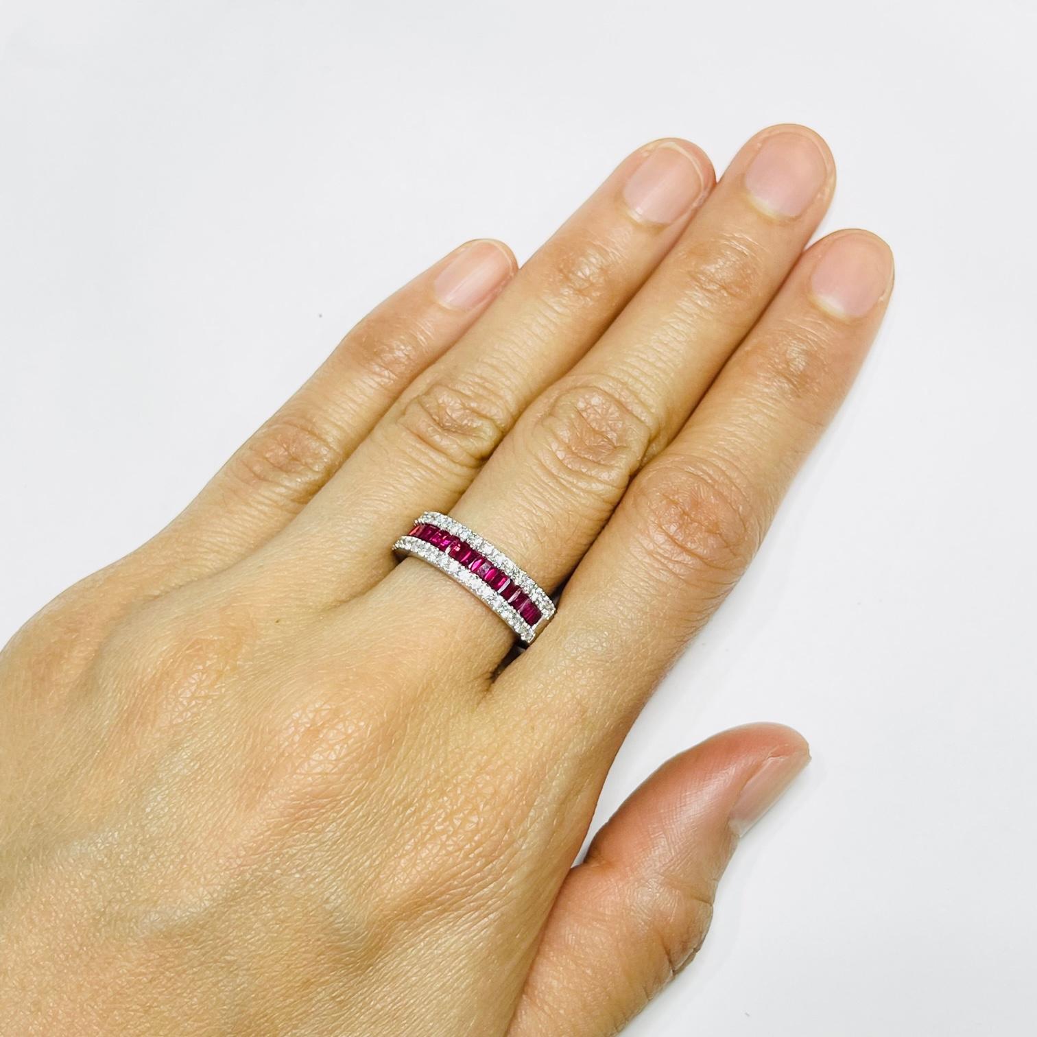 Square Cut 18 Karat White Gold Ruby and Diamond Small Eternity Ring For Sale