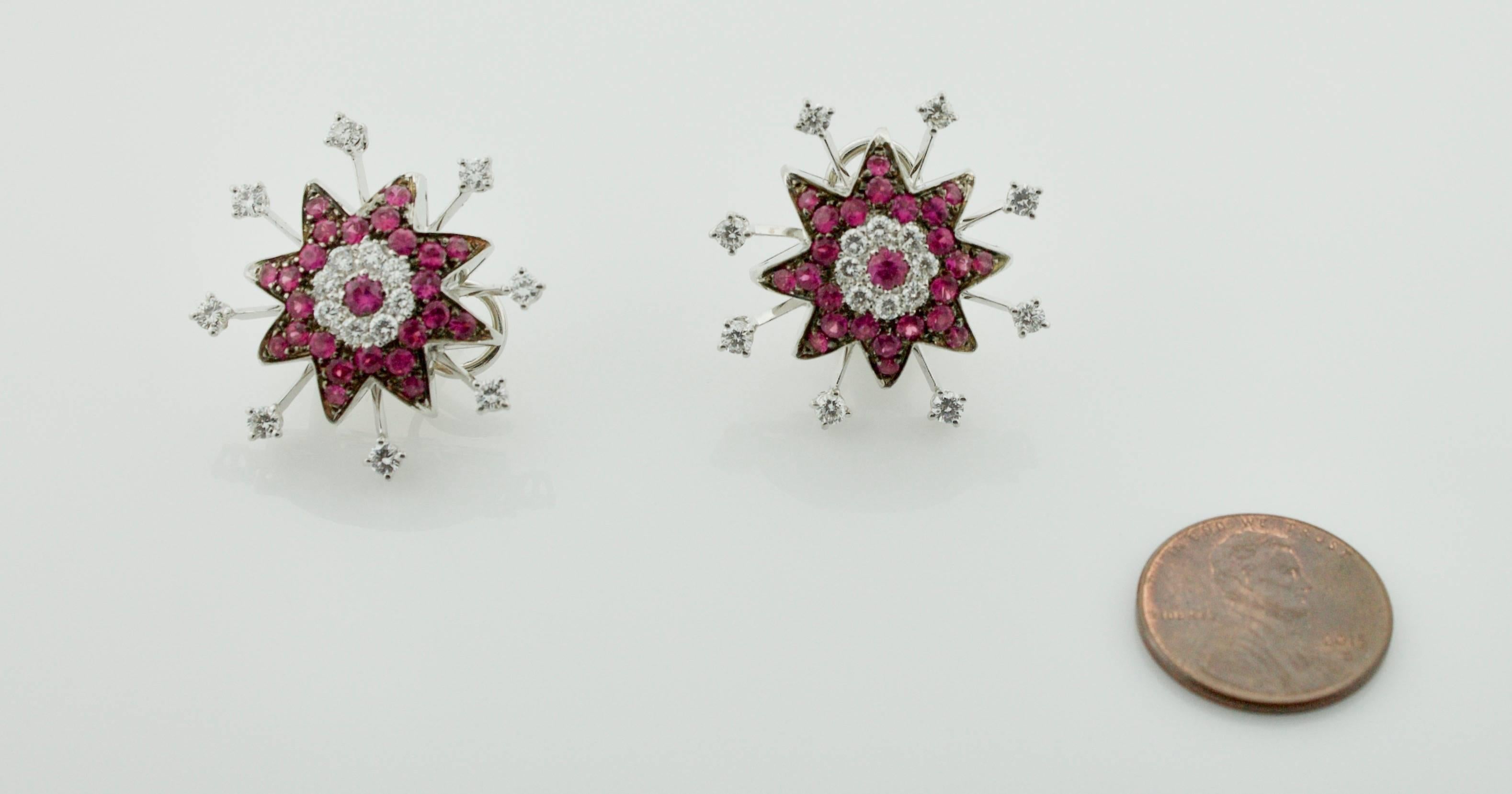 Round Cut 18 Karat White Gold Ruby and Diamond Starburst Earrings For Sale