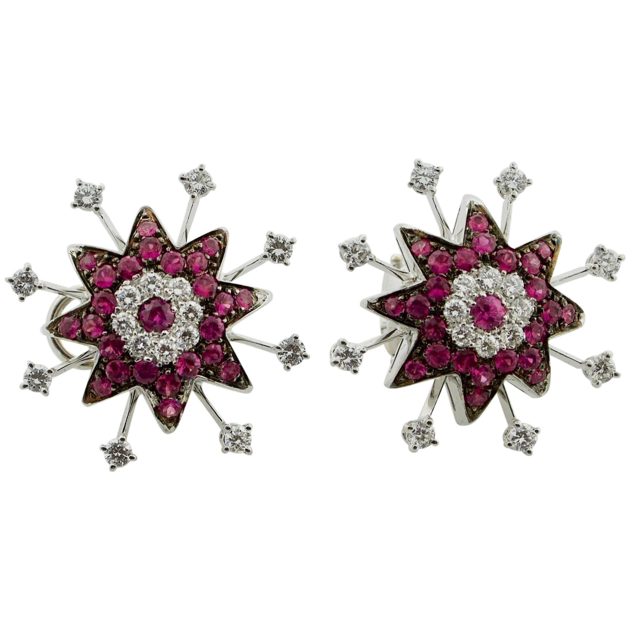 18 Karat White Gold Ruby and Diamond Starburst Earrings