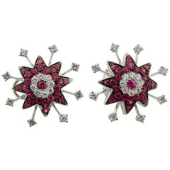 Vintage 18 Karat White Gold Ruby and Diamond Starburst Earrings