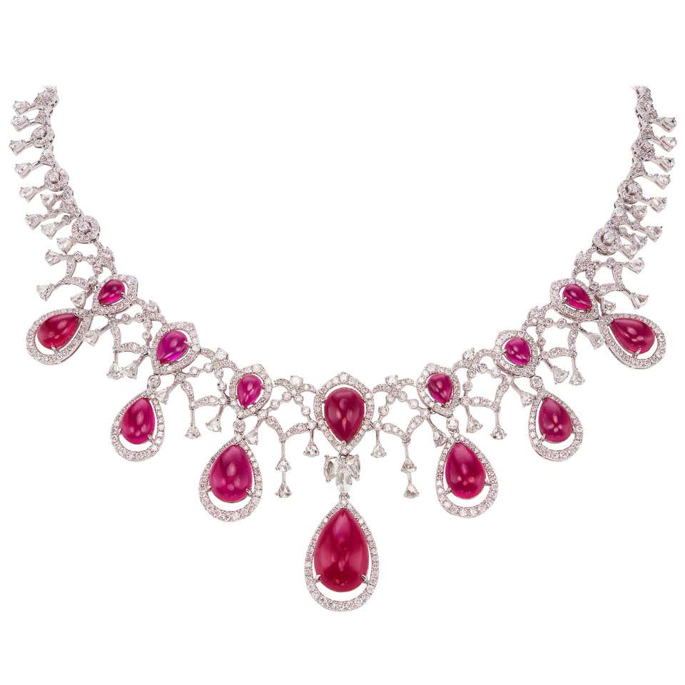 Moiseikin 18 Karat White Gold Ruby Diamond Necklace For Sale at 1stDibs
