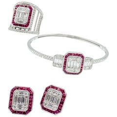 18 Karat White Gold Ruby and Diamond Suite 'Ring, Earrings, Bangle'