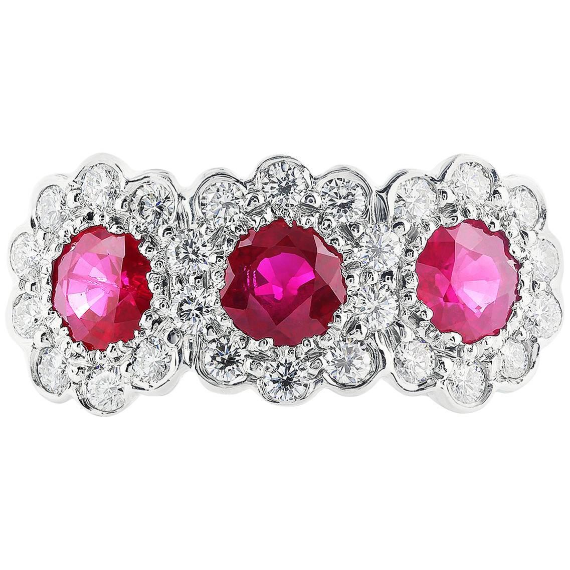 18 Karat White Gold Ruby and Diamond Three-Stone Ring For Sale