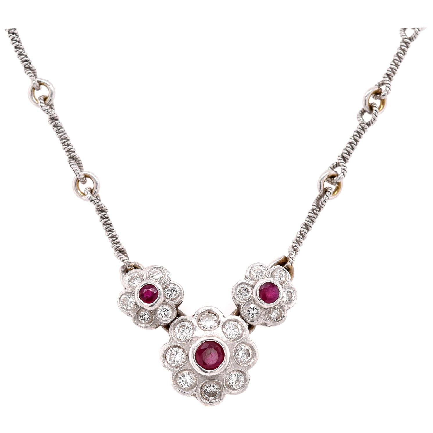 18 Karat White Gold Ruby and Diamond Twisted Link Necklace