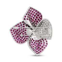 18 Karat White Gold Ruby and White Diamond Flower Swirl Pin