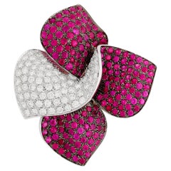 18 Karat White Gold Ruby and White Diamond Flower Swirl Pin