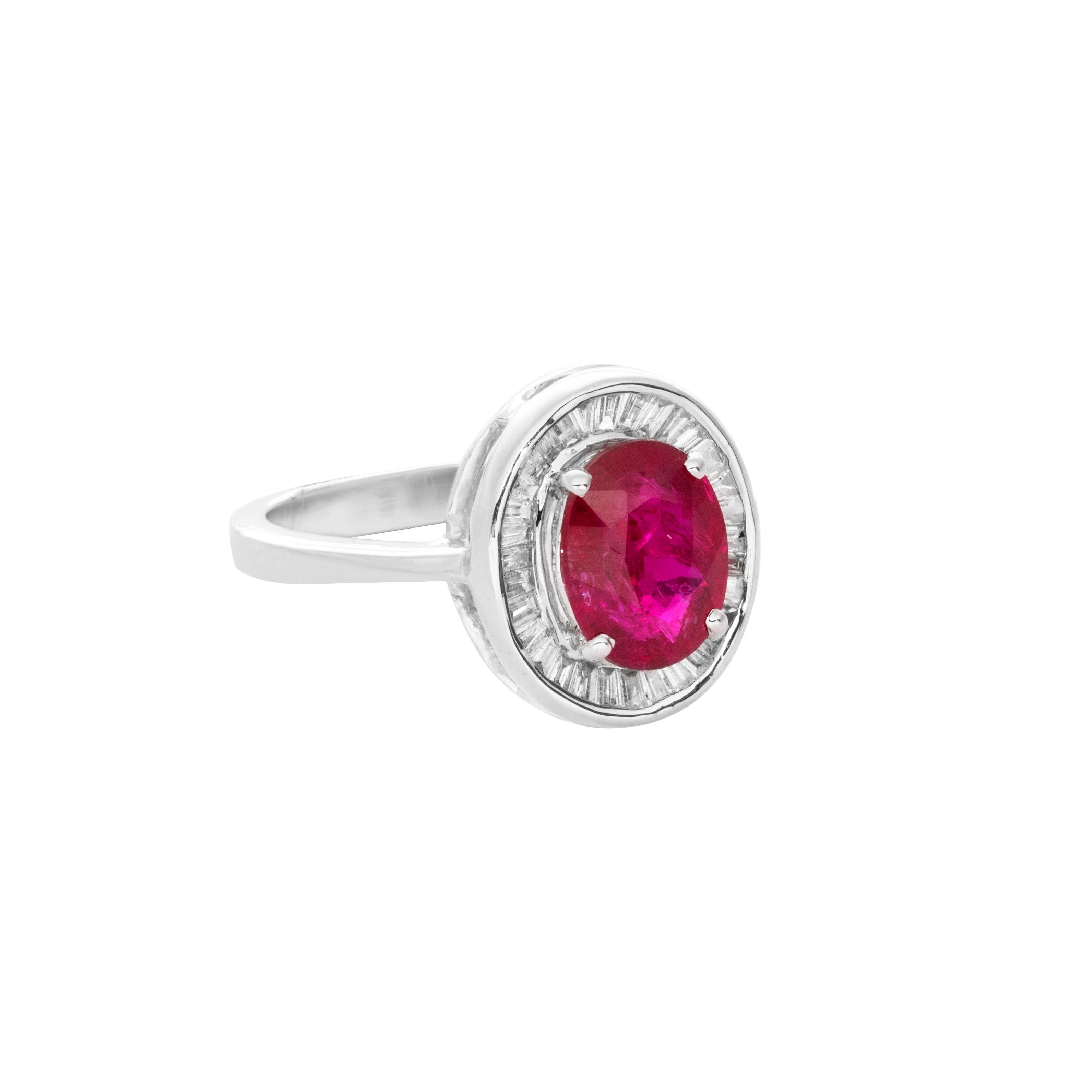 18 Karat White Gold Ruby Baguette Diamond Cocktail Ring

Elegant and delicate, this beautiful cocktail ring set in 18 Karat white gold studded with a beautiful ruby and baguette diamonds is ideal for evening wear.

We will provide an IGI diamond
