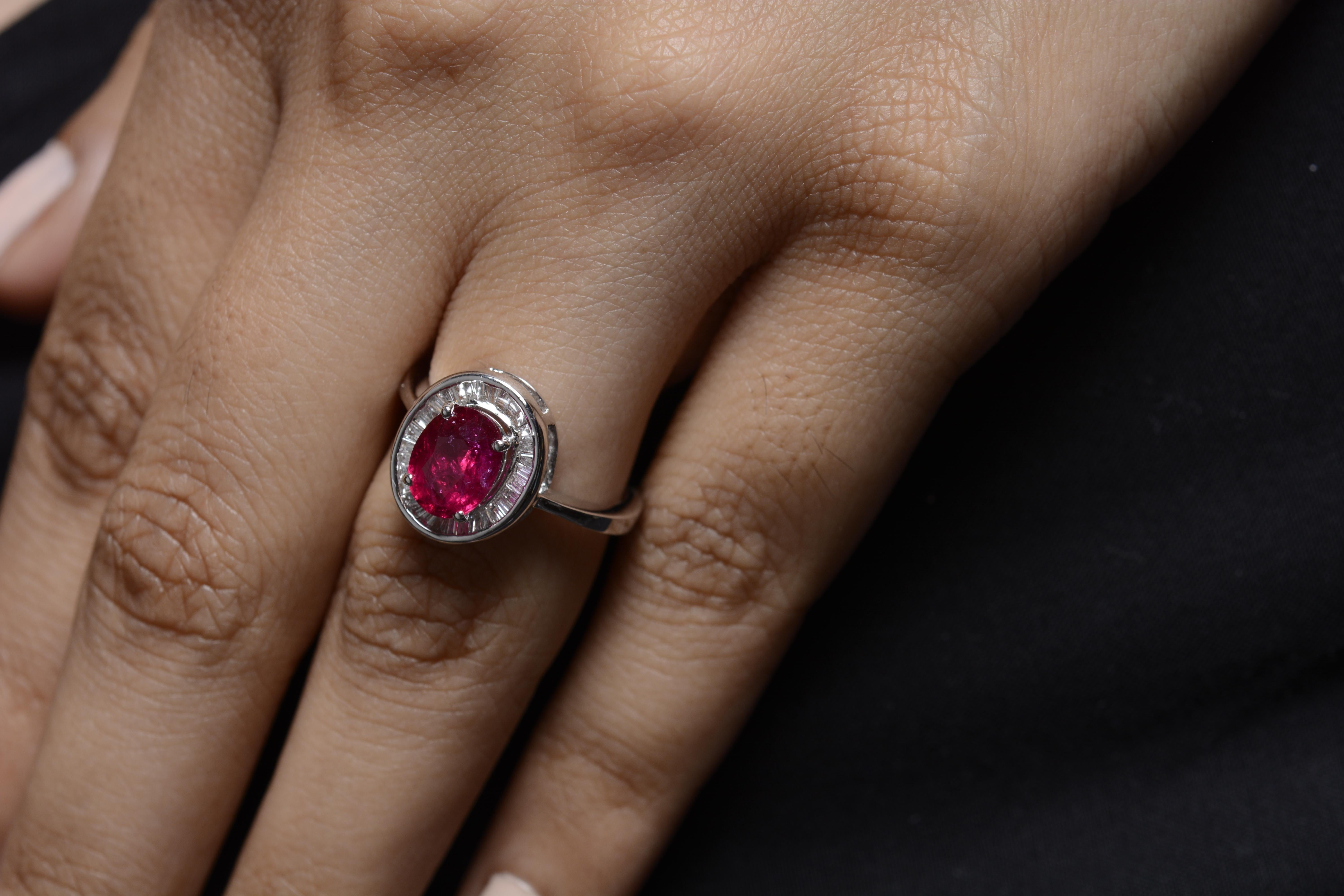 Mixed Cut 18 Karat White Gold Ruby Baguette Diamond Cocktail Ring For Sale