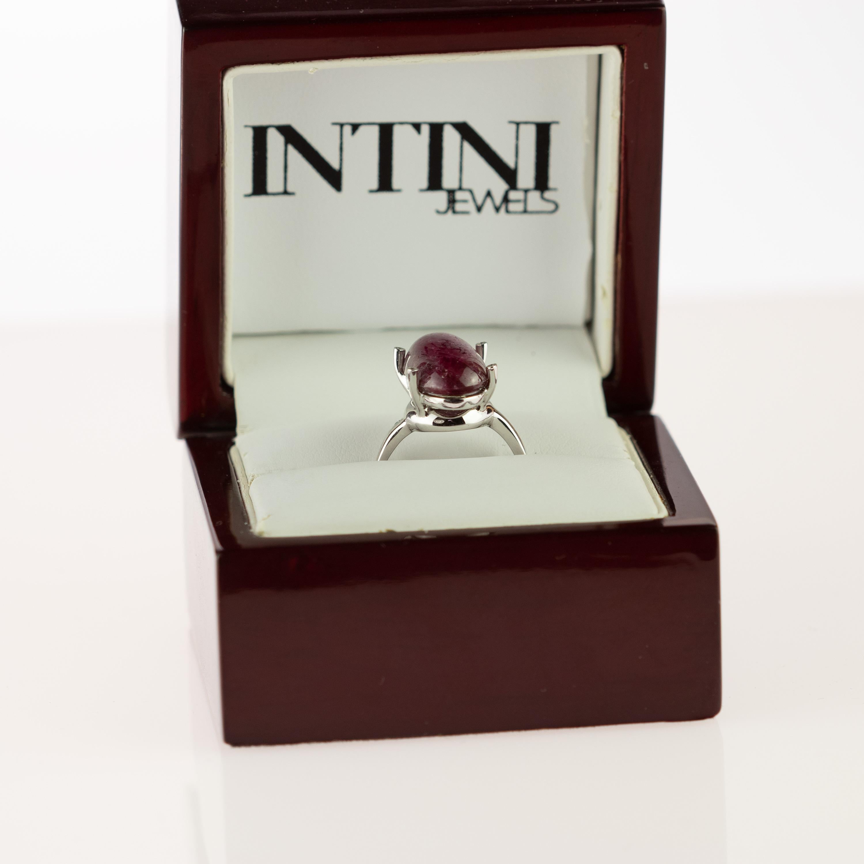 Women's 18 Karat White Gold Ruby Cabochon Oval Diamond Brilliant Handmade Trone Ring For Sale