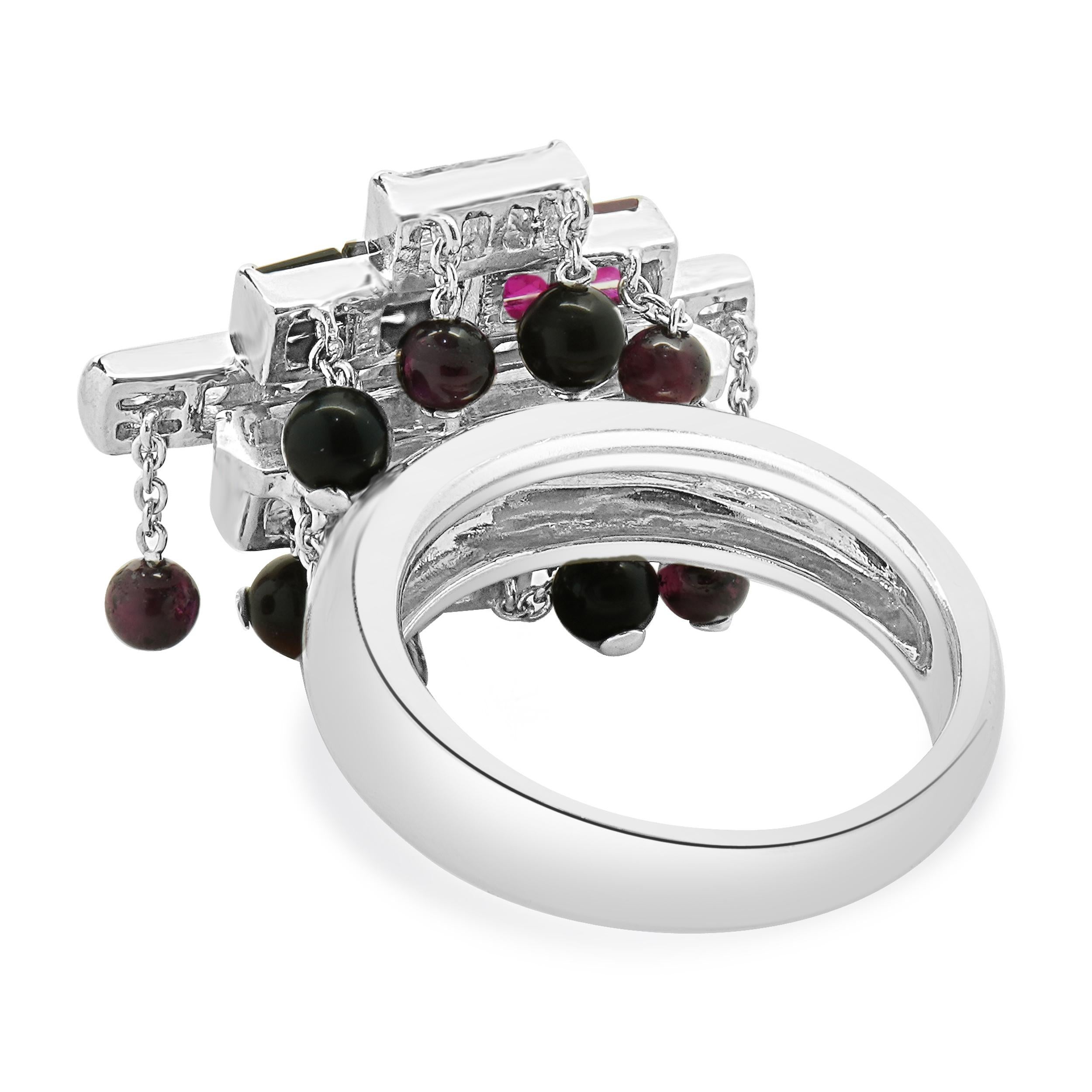 Princess Cut 18 Karat White Gold Ruby, Diamond, and Onyx Dangle Ring For Sale