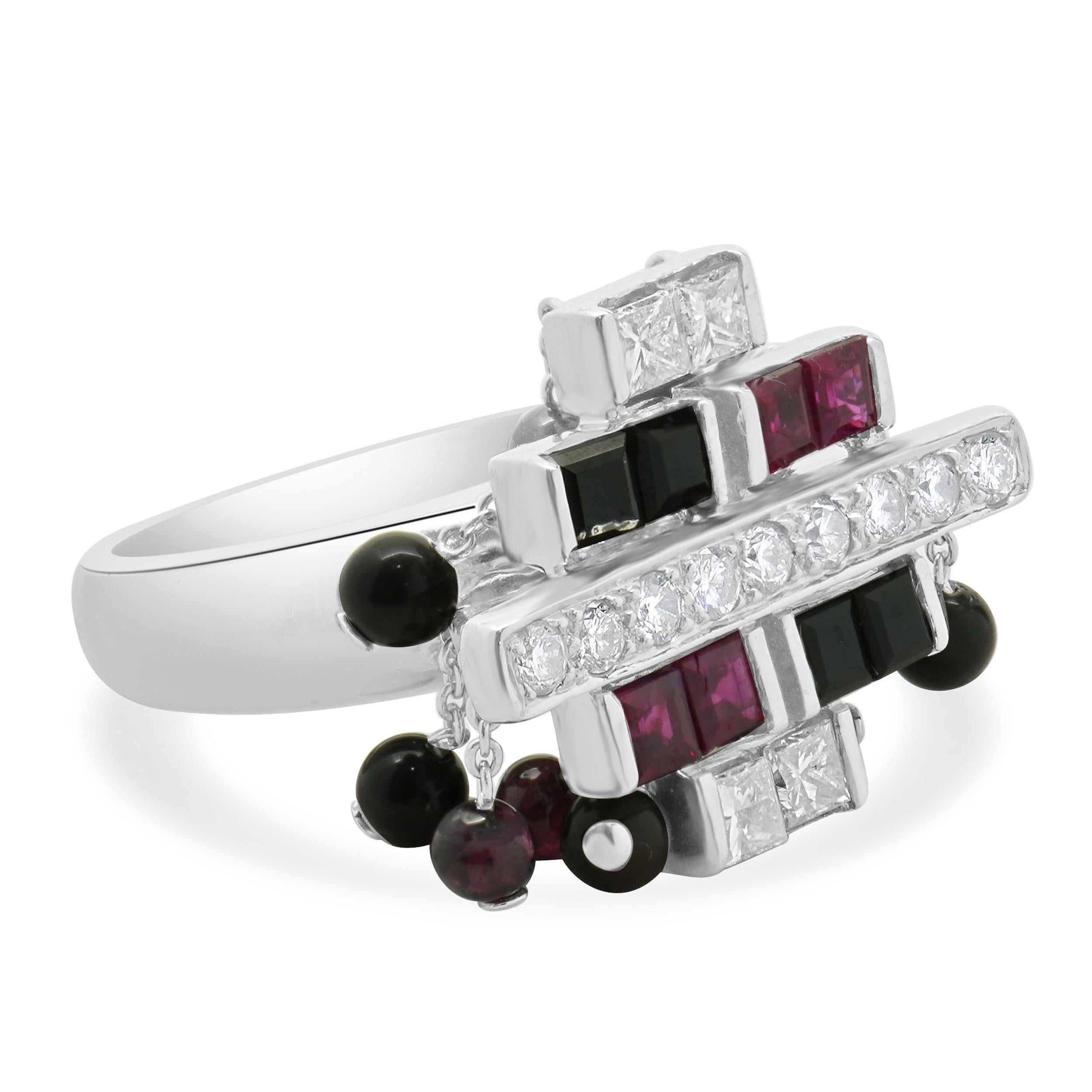18 Karat White Gold Ruby, Diamond, and Onyx Dangle Ring In Excellent Condition For Sale In Scottsdale, AZ