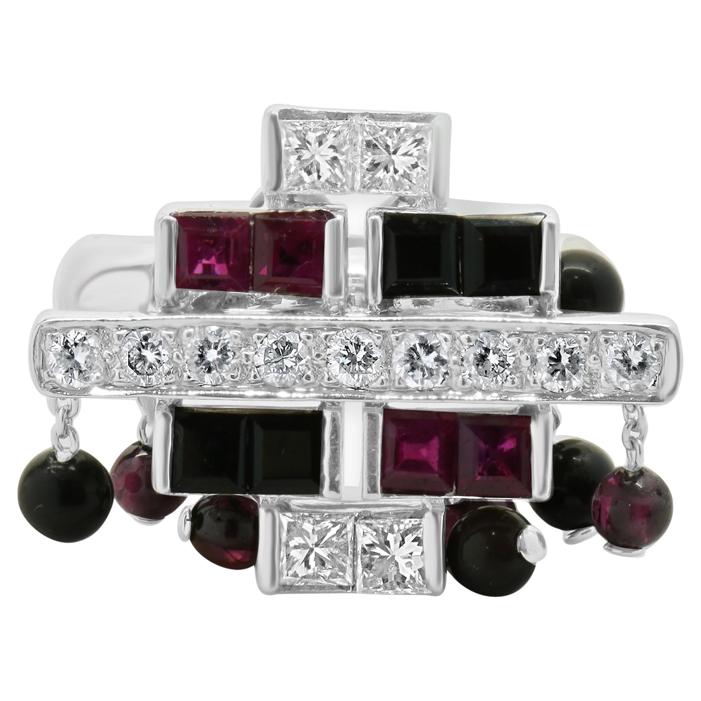 18 Karat White Gold Ruby, Diamond, and Onyx Dangle Ring For Sale