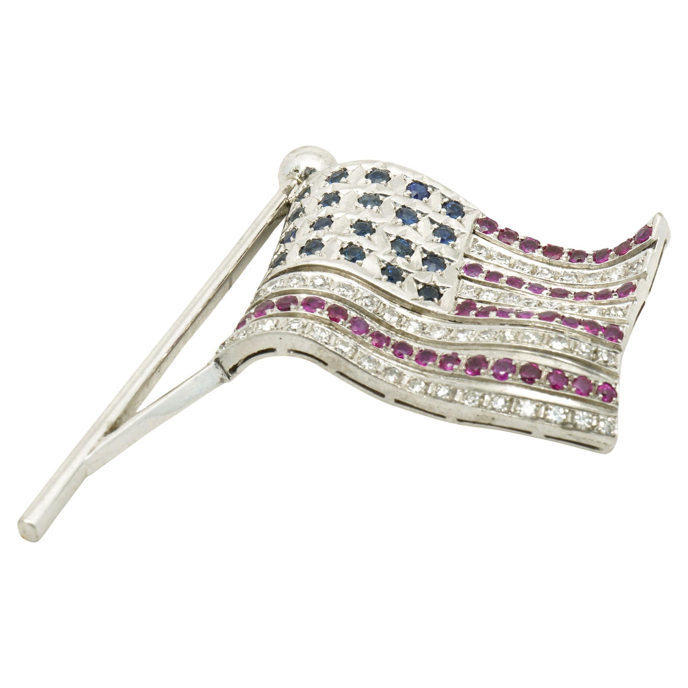18 Karat White Gold Ruby, Diamond and Sapphire American Flag Pin