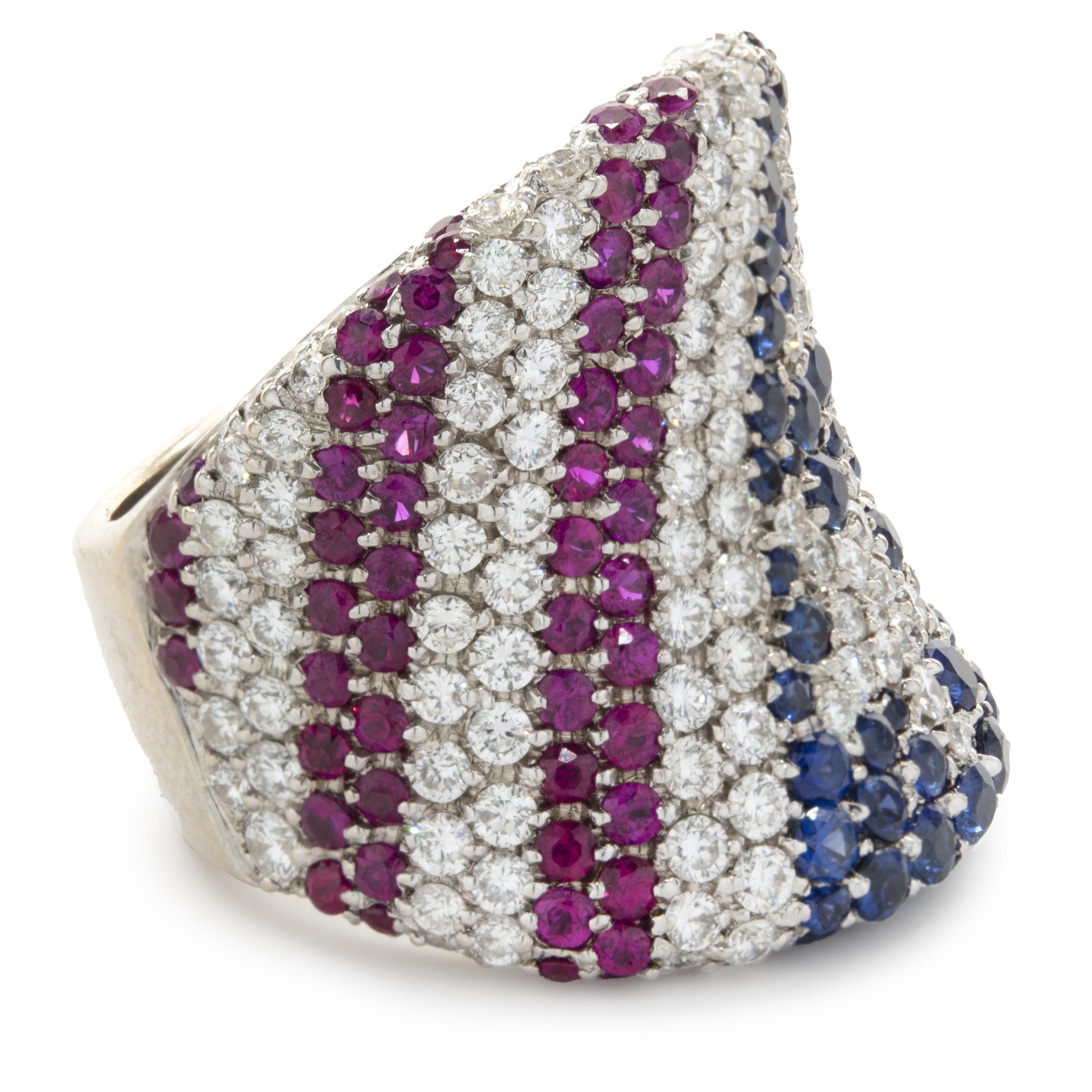 Designer: custom
Material: 18K white gold
Diamond: 120 round brilliant cut = 2.40cttw
Color: F / G
Clarity: VS1-2
Dimensions: ring top measures 24mm long
Ring Size: 7.25 (complimentary sizing available)
Weight: 21.20 grams
