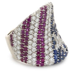 18 Karat White Gold Ruby, Diamond, and Sapphire American Flag Ring
