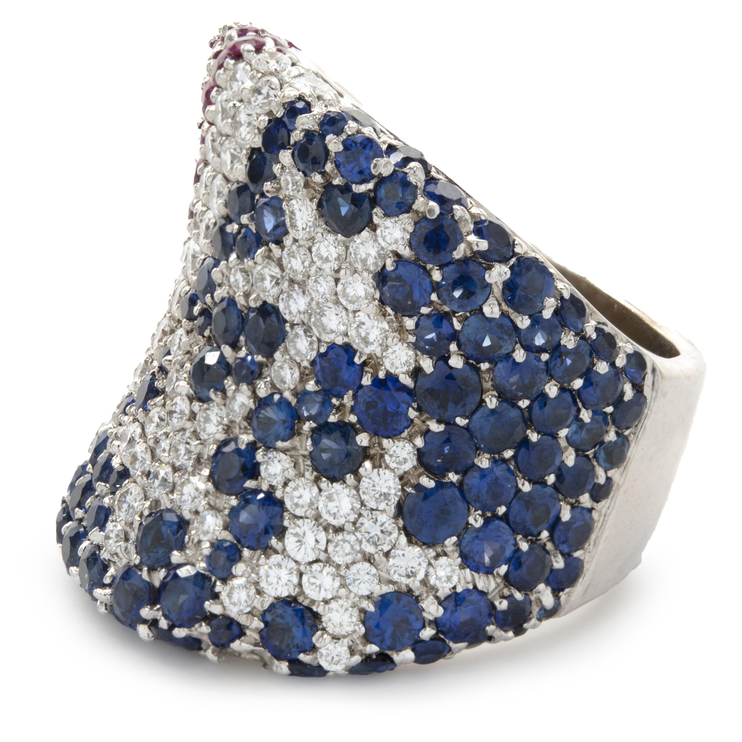 Round Cut 18 Karat White Gold Ruby, Diamond, and Sapphire American Flag Ring