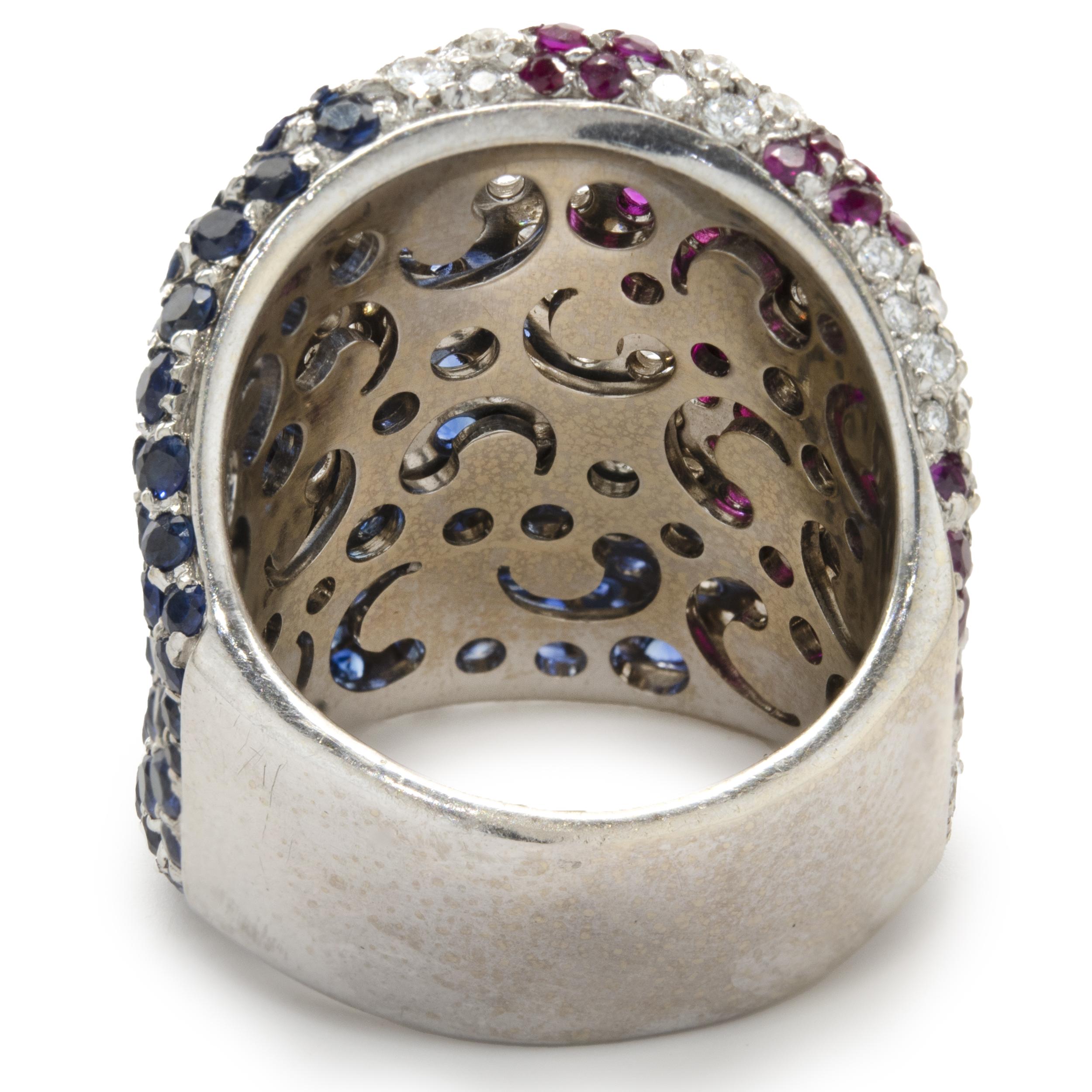 18 Karat White Gold Ruby, Diamond, and Sapphire American Flag Ring In Excellent Condition In Scottsdale, AZ