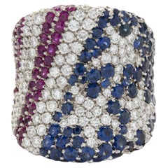 18 Karat White Gold Ruby, Diamond, and Sapphire American Flag Ring