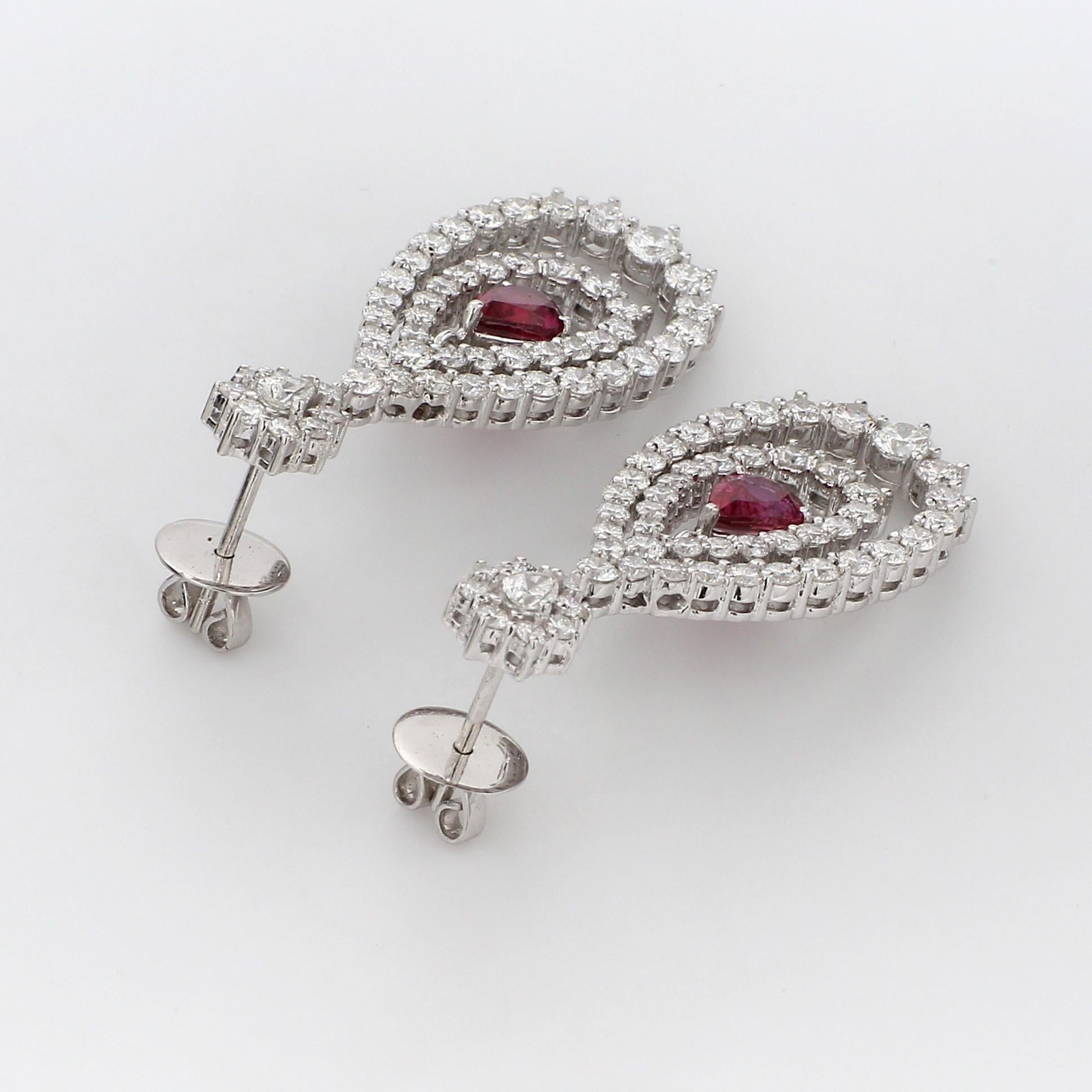 Contemporary 18 Karat White Gold Ruby Diamond Cocktail Dangle Earring For Sale