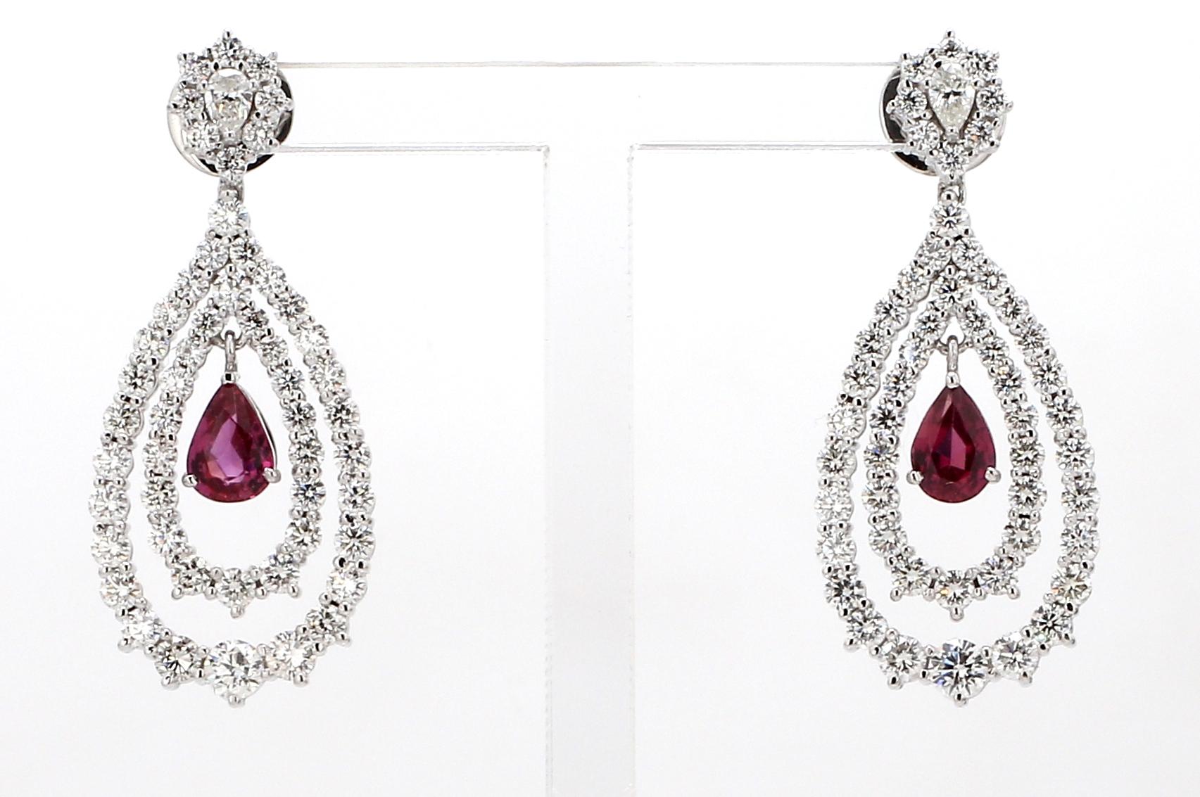 Pear Cut 18 Karat White Gold Ruby Diamond Cocktail Dangle Earring For Sale